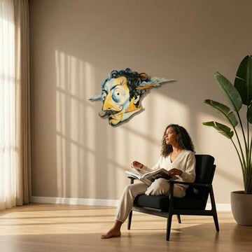 Dali-inspired surrealist face metal wall art behind a woman reading in a sunny room