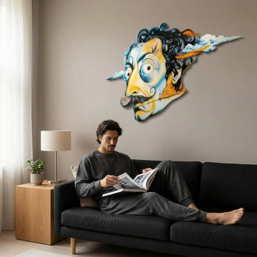 Surrealist face UV printed metal wall art above a black sofa