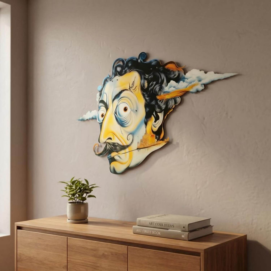 Surrealist face metal wall art above a wooden cabinet and potted plant