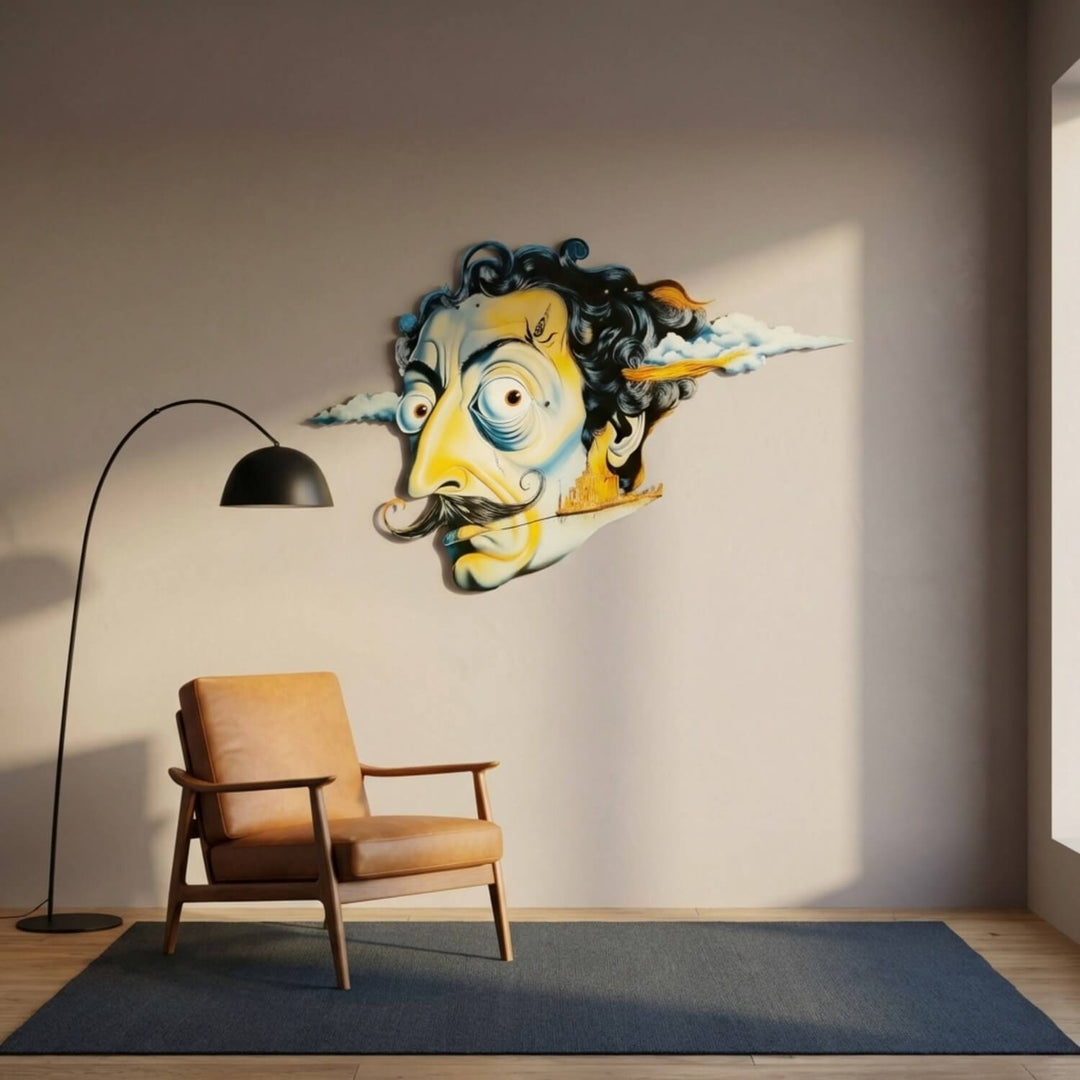 Surrealist face metal wall art in an empty room with an orange armchair and lamp