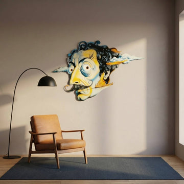 Surrealist face metal wall art in an empty room with an orange armchair and lamp