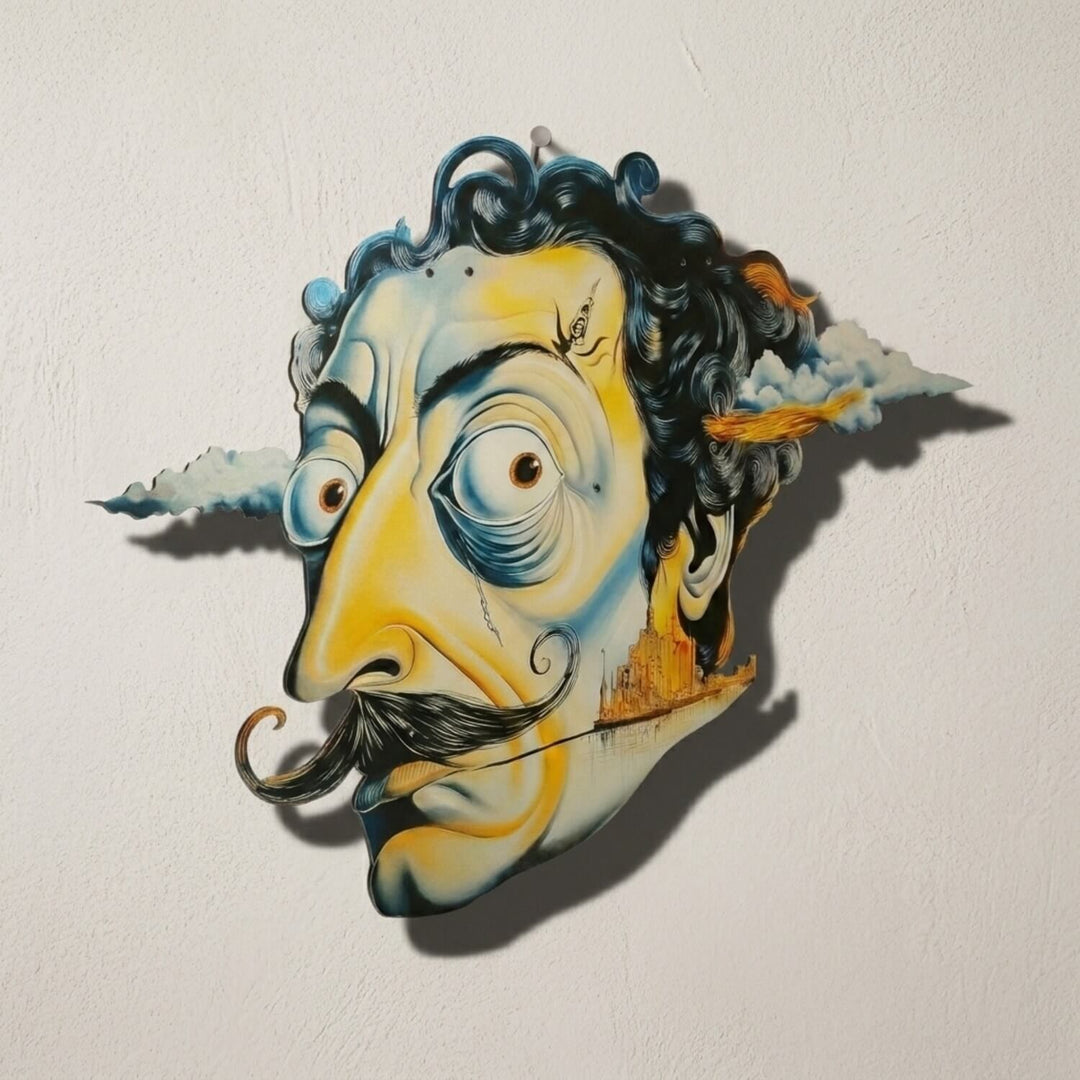 Surrealist face metal wall art on a light wall, close front view with shadow