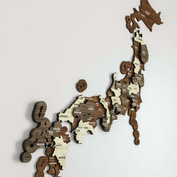 Close-up of layered wood on the Japan map showing Kyushu, Shikoku and western Honshu with prefecture labels