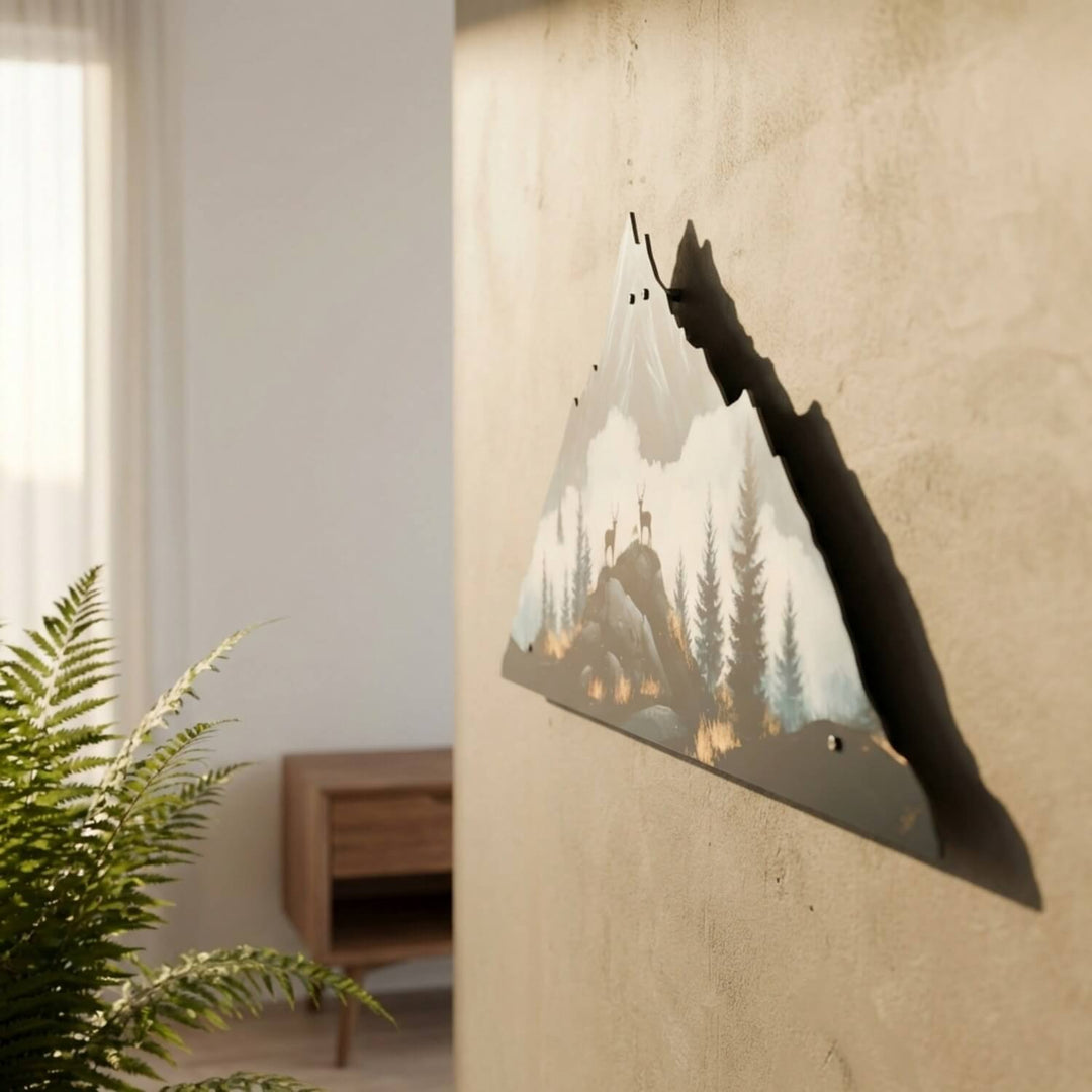 Deer and mountain metal wall art, side perspective with shadow