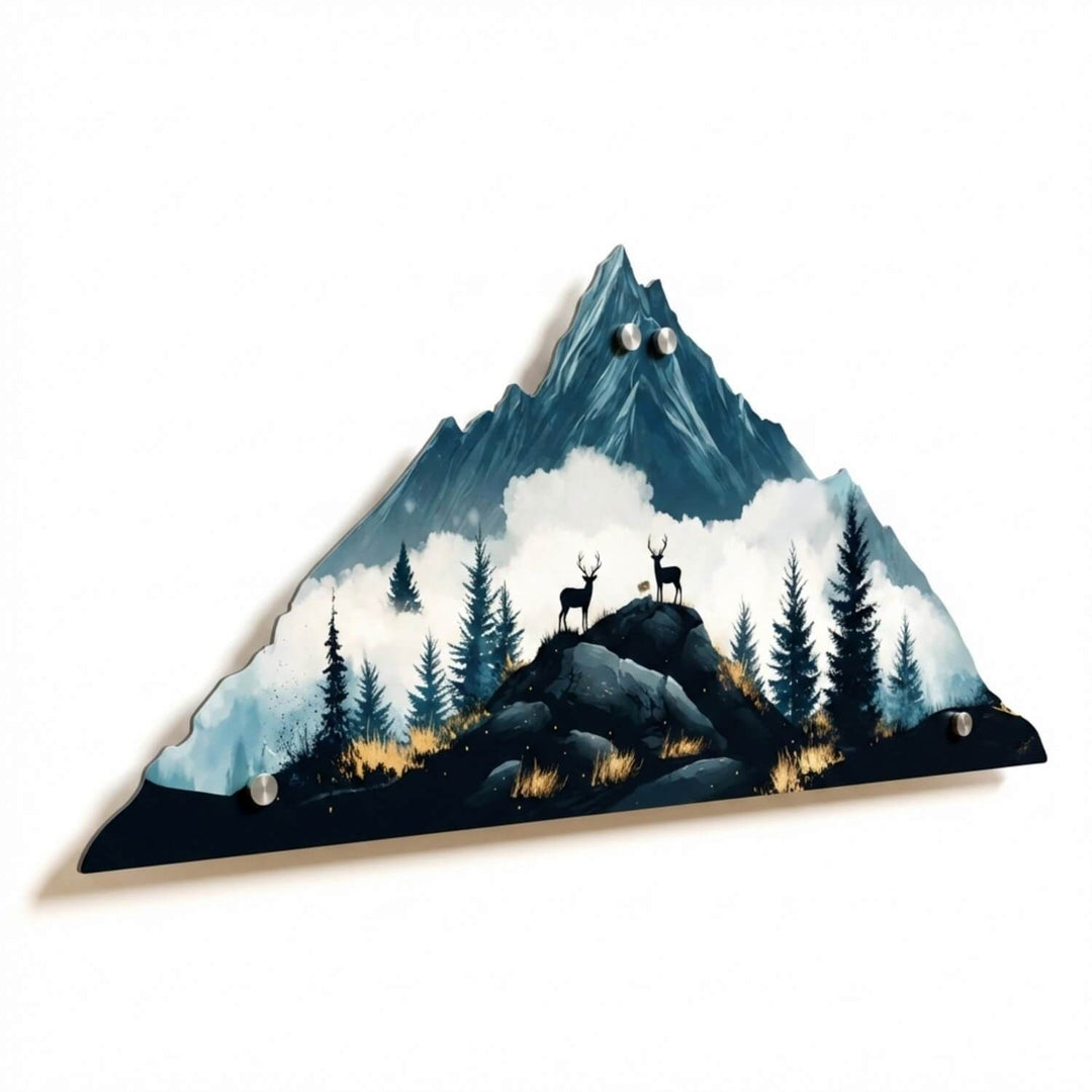 Deer and mountain UV printed metal wall art, front view with misty peak and pines