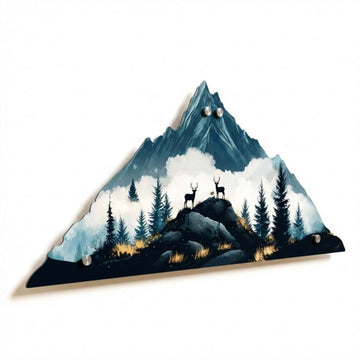 Deer and mountain UV printed metal wall art, front view with misty peak and pines