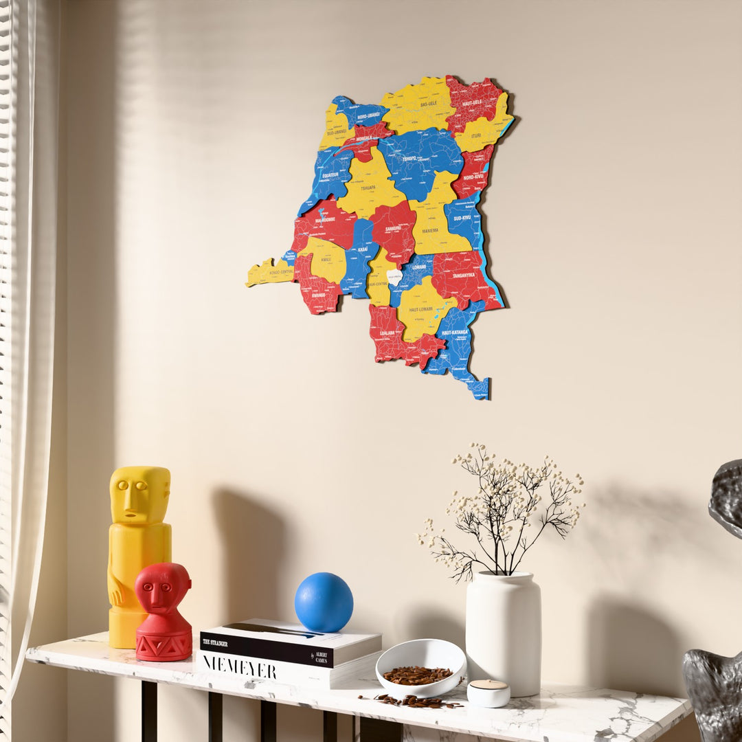 Flag colored Democratic Republic of the Congo wooden wall map beside a sheer curtain, angled view