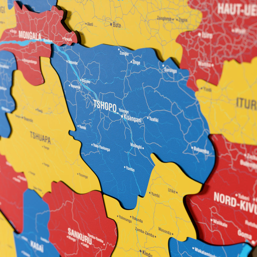 Close-up of the Flag colored Democratic Republic of the Congo wooden wall map with layered regions and printed names