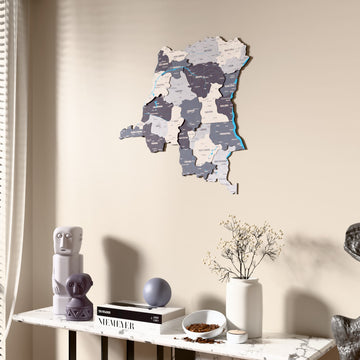 Nimbus Democratic Republic of the Congo wooden wall map beside a sheer curtain, angled view