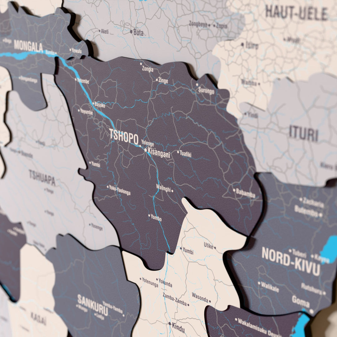 Close-up of the Nimbus Democratic Republic of the Congo wooden wall map with layered regions and printed names