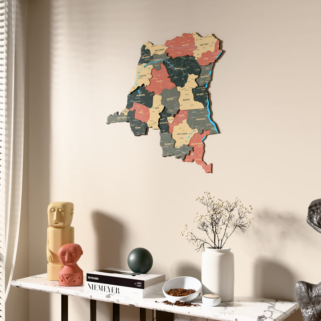 Sage Democratic Republic of the Congo wooden wall map beside a sheer curtain, angled view
