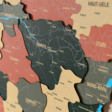 Close-up of the Sage Democratic Republic of the Congo wooden wall map with layered regions and printed names