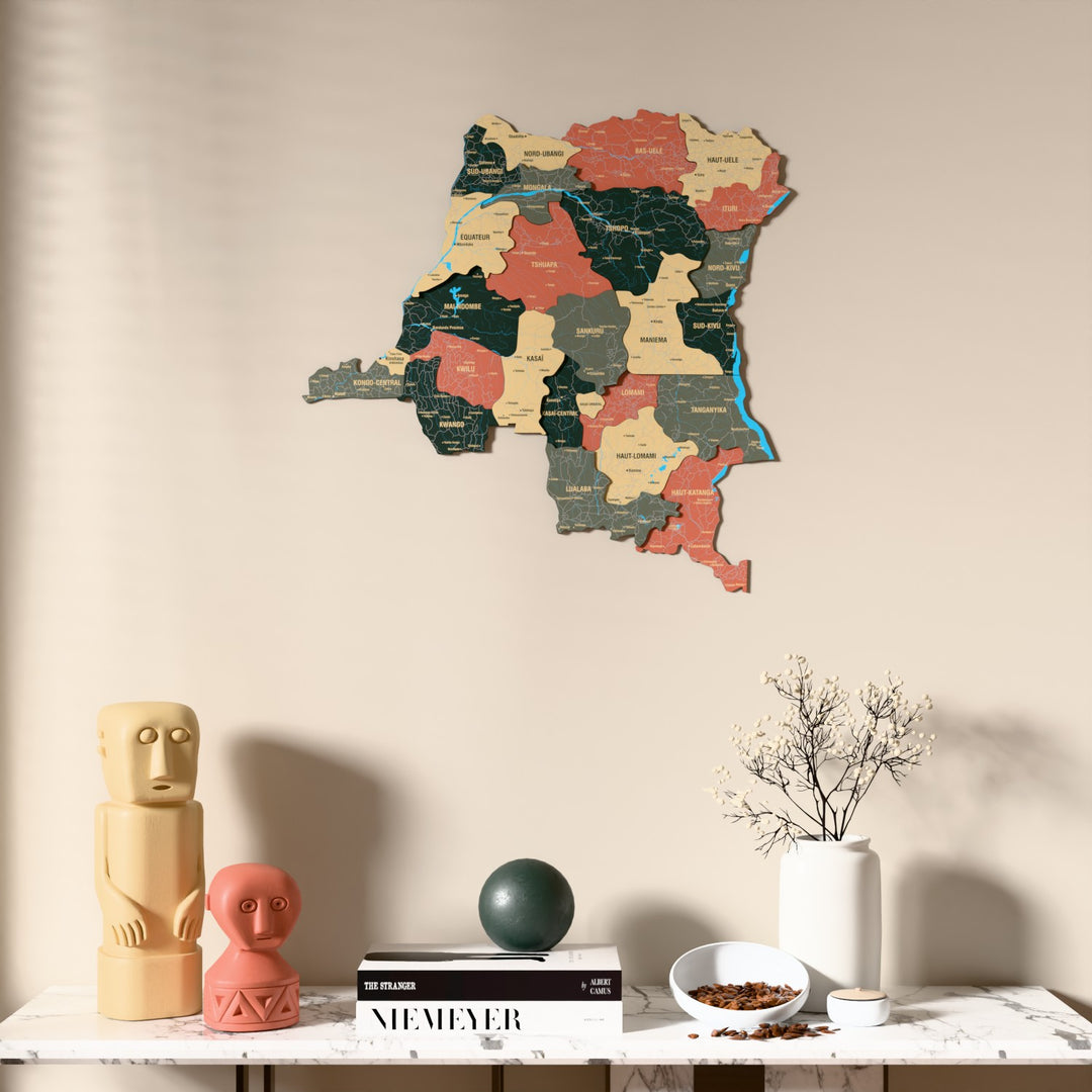 Sage Democratic Republic of the Congo wooden wall map above a marble console, front view
