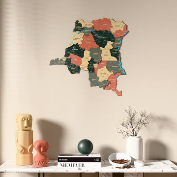 Sage Democratic Republic of the Congo wooden wall map above a marble console, front view