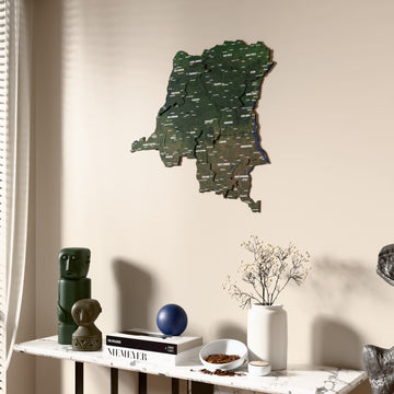 Satellite Democratic Republic of the Congo wooden wall map beside a sheer curtain, angled view