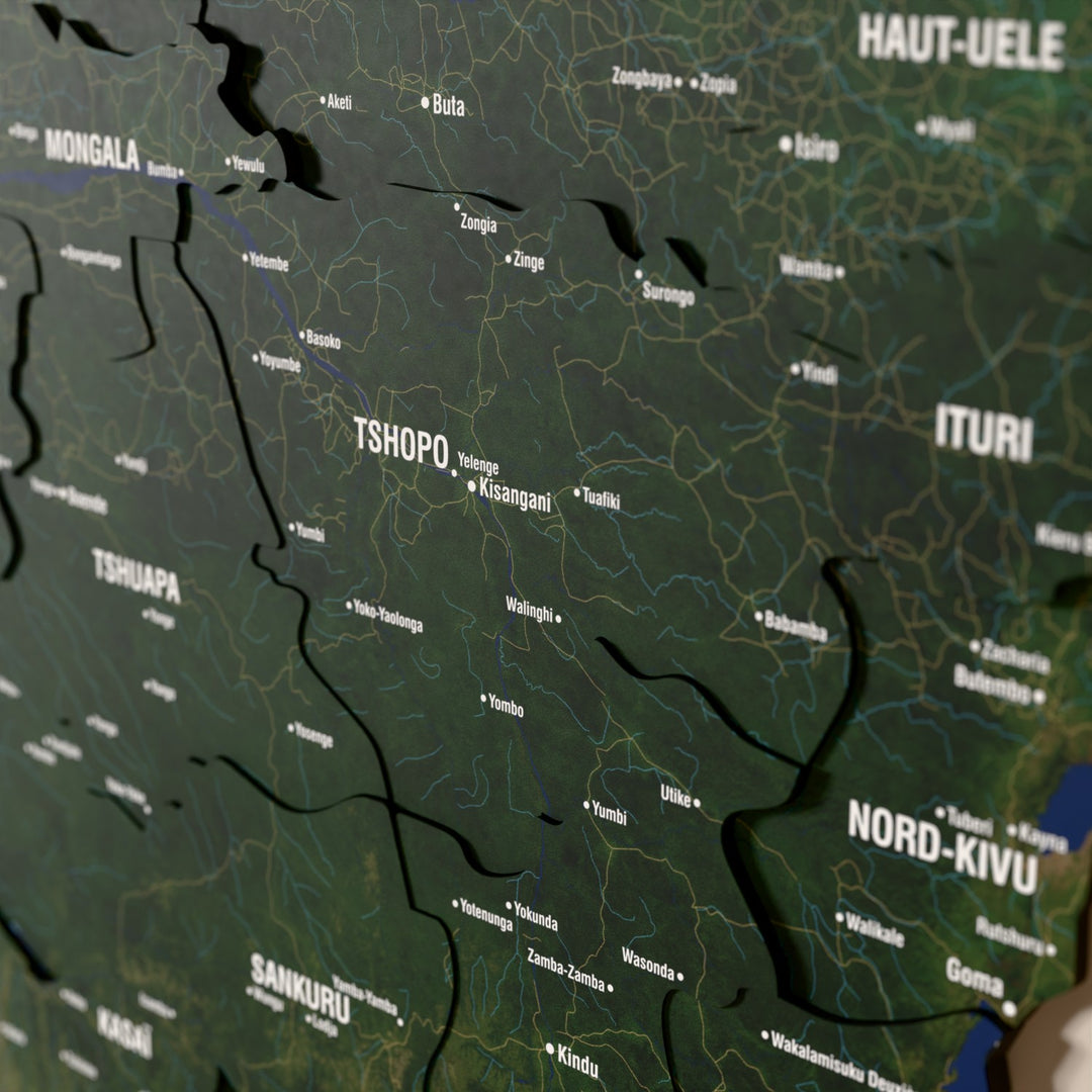 Close-up of the Satellite Democratic Republic of the Congo wooden wall map with layered regions and printed names