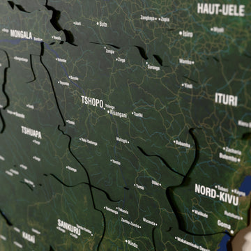 Close-up of the Satellite Democratic Republic of the Congo wooden wall map with layered regions and printed names