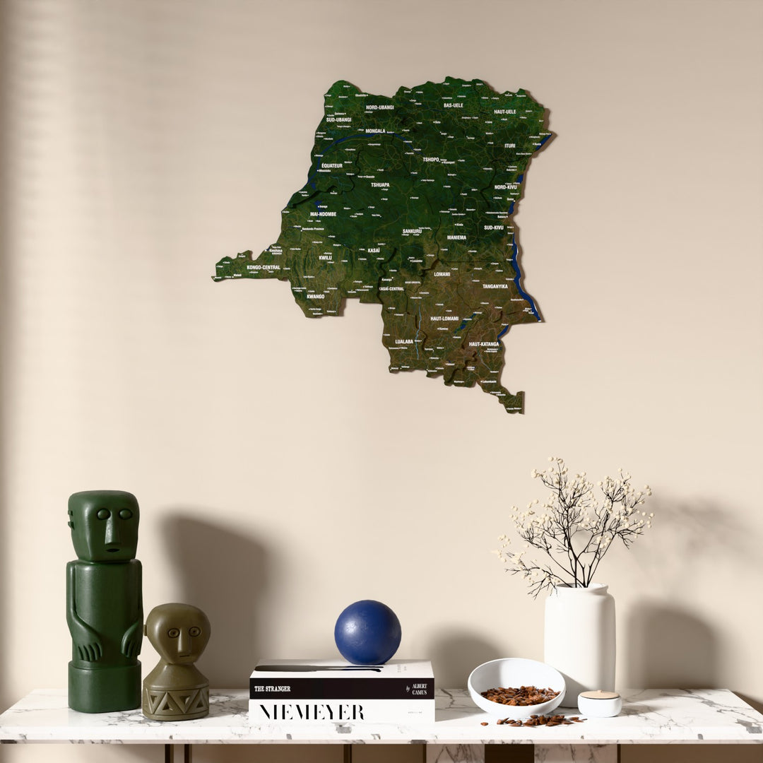 Satellite Democratic Republic of the Congo wooden wall map above a marble console, front view