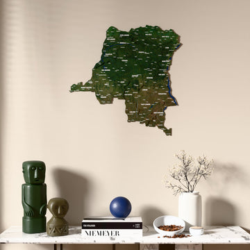 Satellite Democratic Republic of the Congo wooden wall map above a marble console, front view
