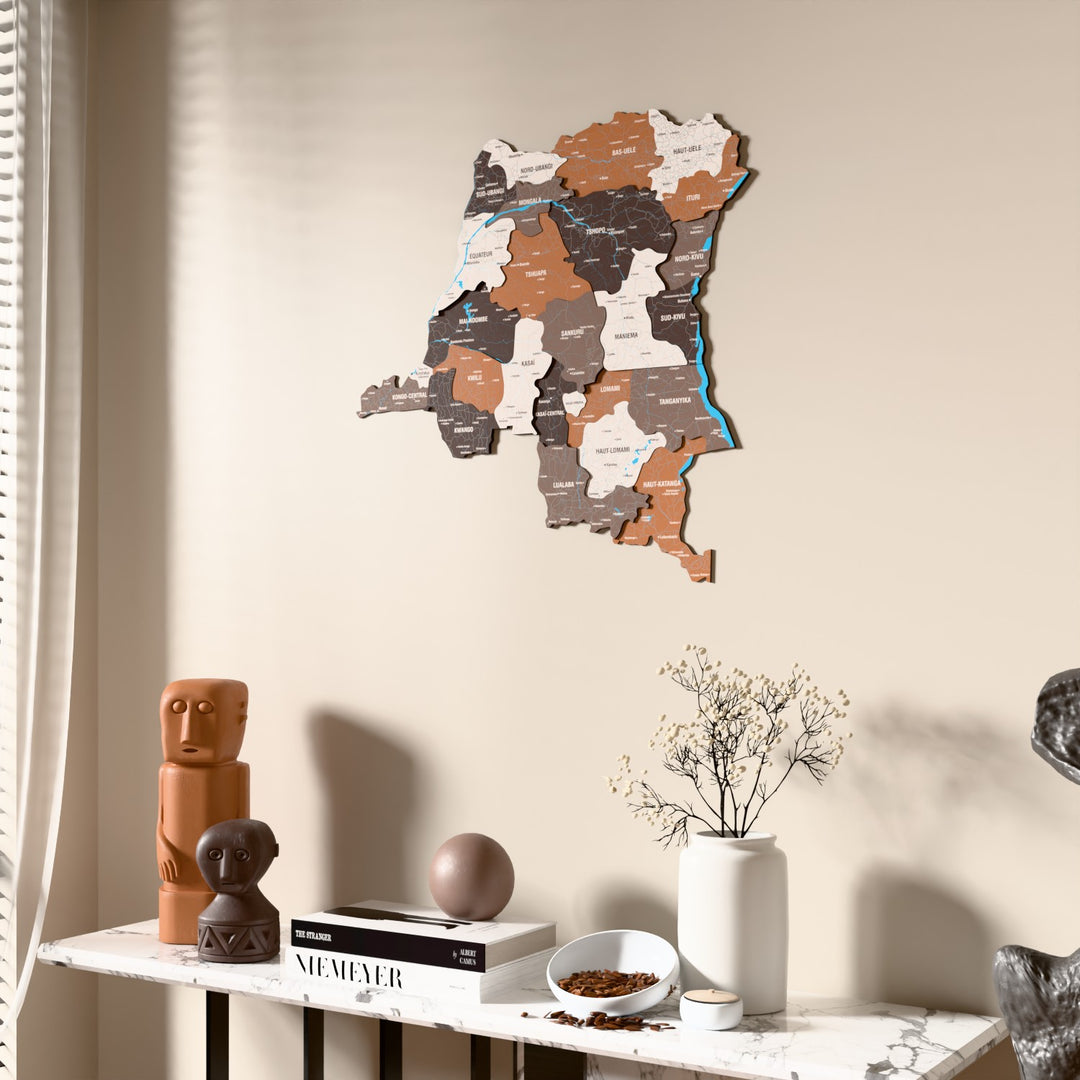 Soil Democratic Republic of the Congo wooden wall map beside a sheer curtain, angled view