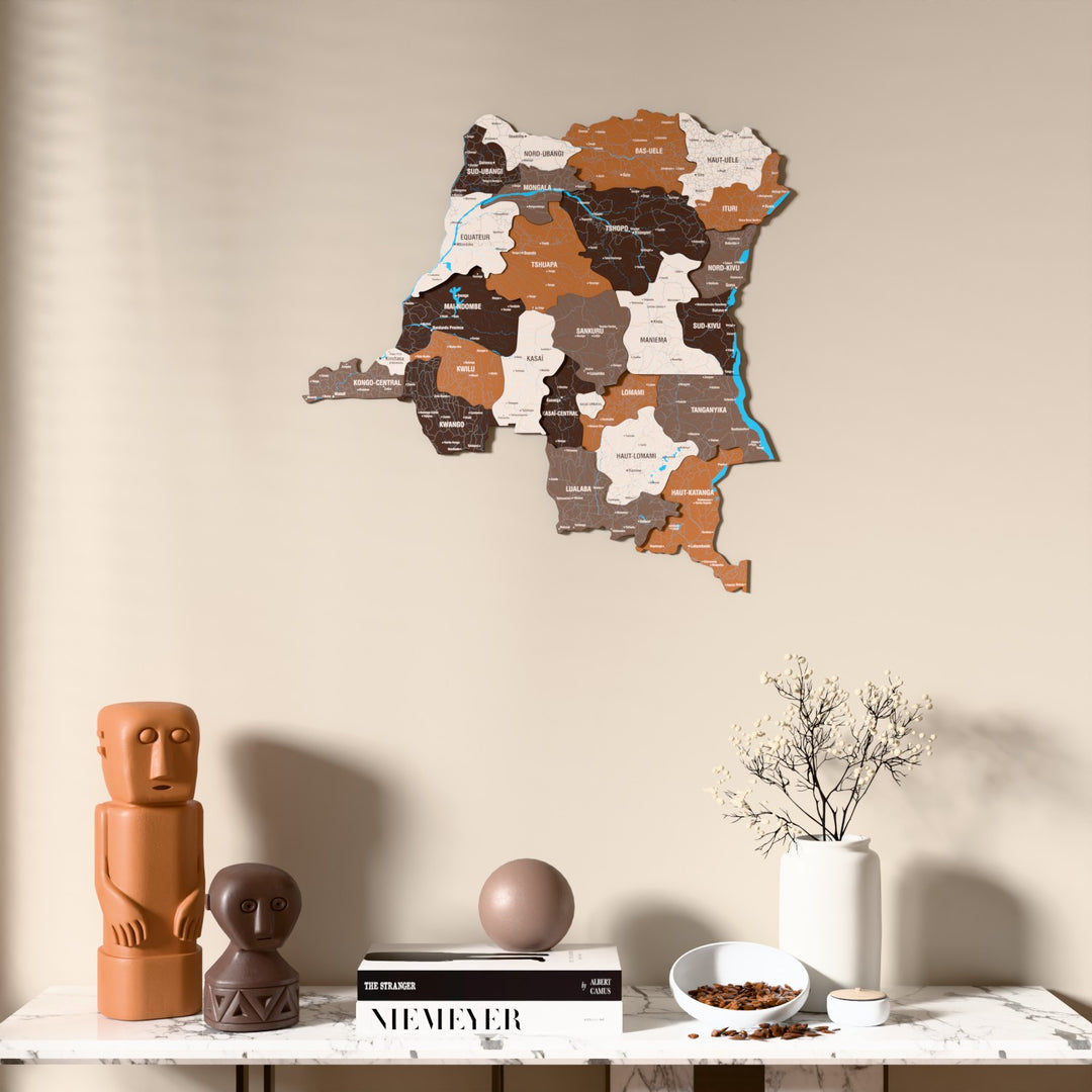 Soil Democratic Republic of the Congo wooden wall map above a marble console, front view