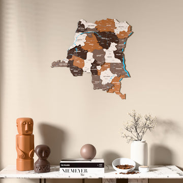 Soil Democratic Republic of the Congo wooden wall map above a marble console, front view