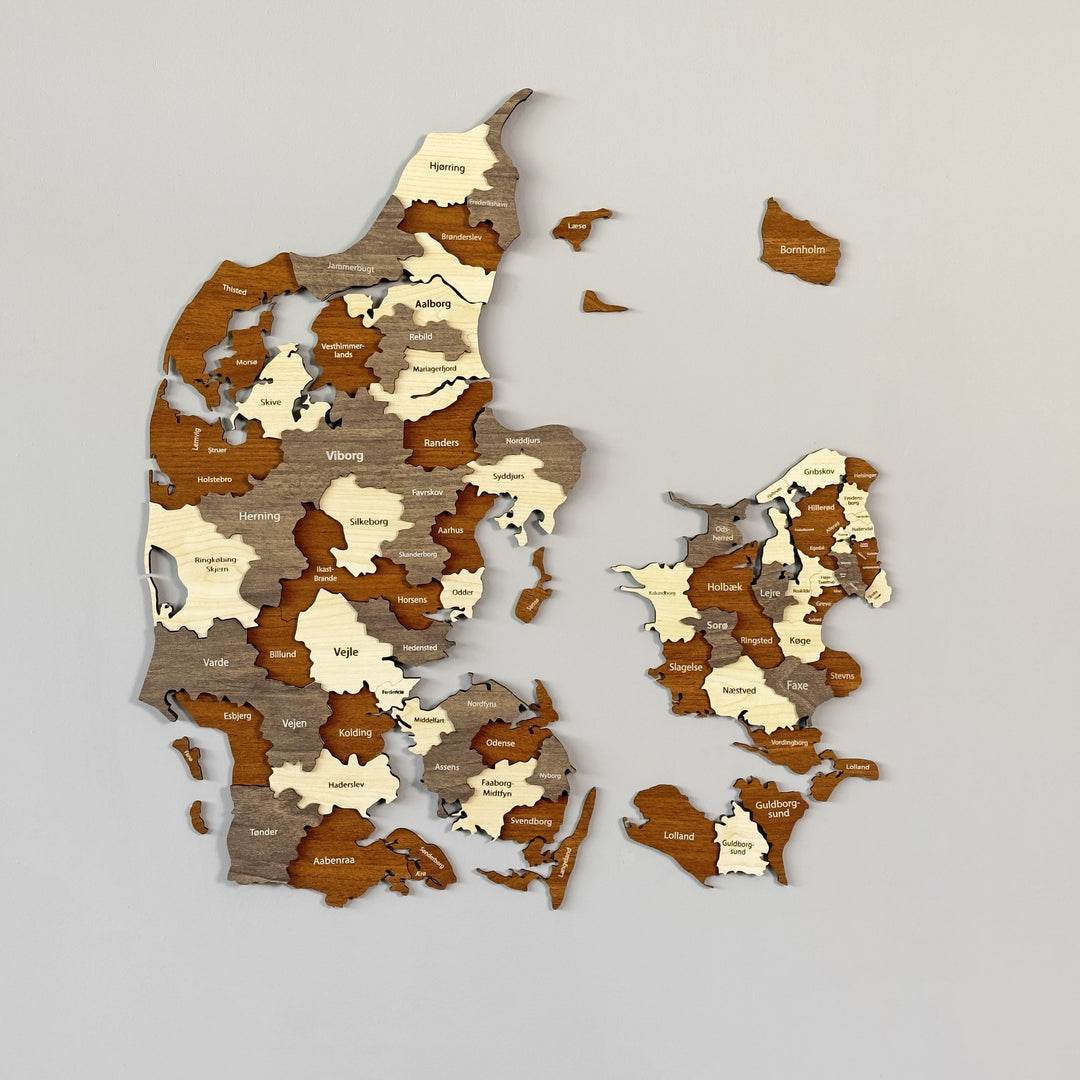 3D wooden Denmark map with municipality names in brown, taupe and cream layers, with Bornholm and the islands