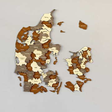 3D wooden Denmark map with municipality names in brown, taupe and cream layers, with Bornholm and the islands