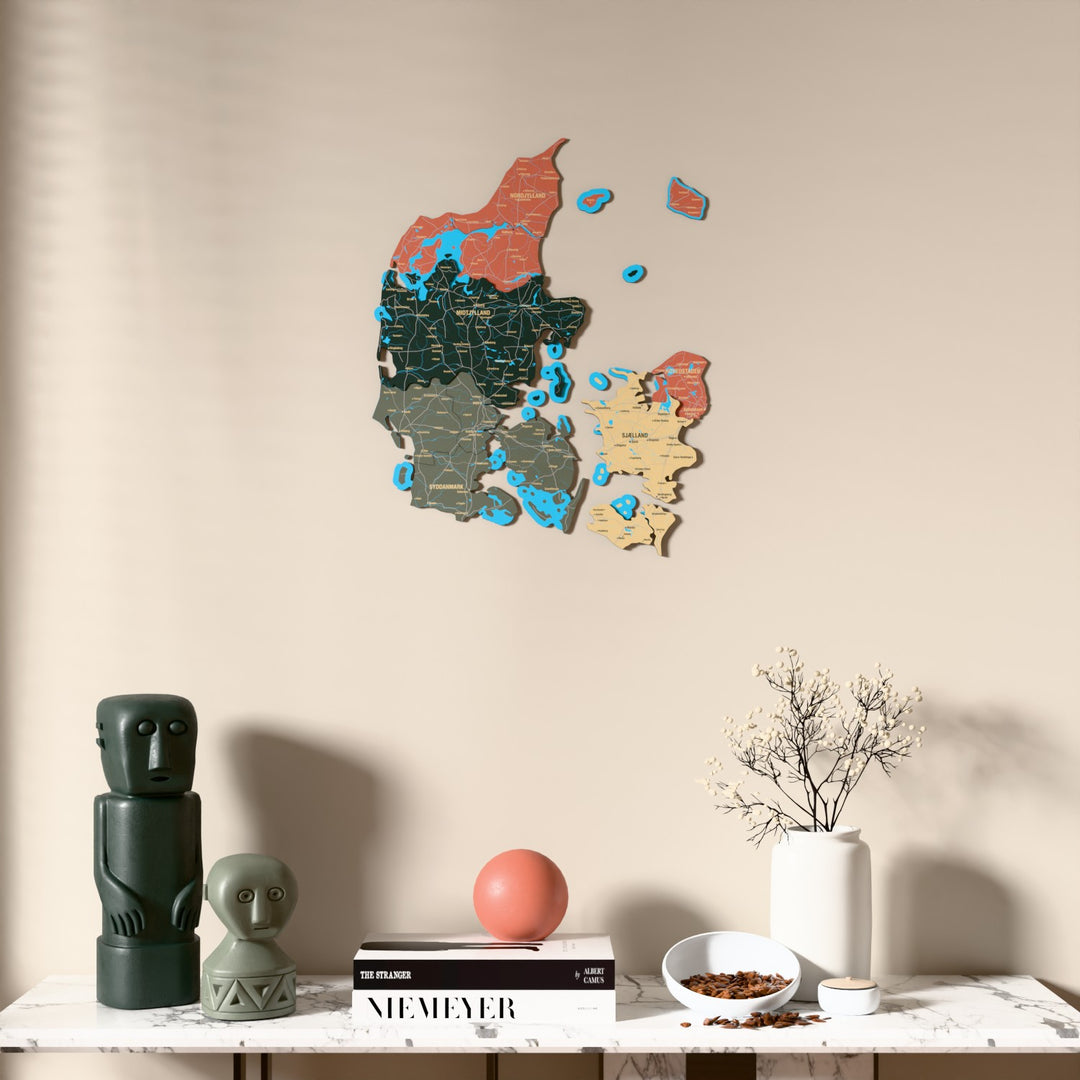 Sage Denmark wooden wall map above a marble console, front view