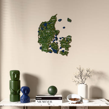 Satellite Denmark wooden wall map above a marble console, front view