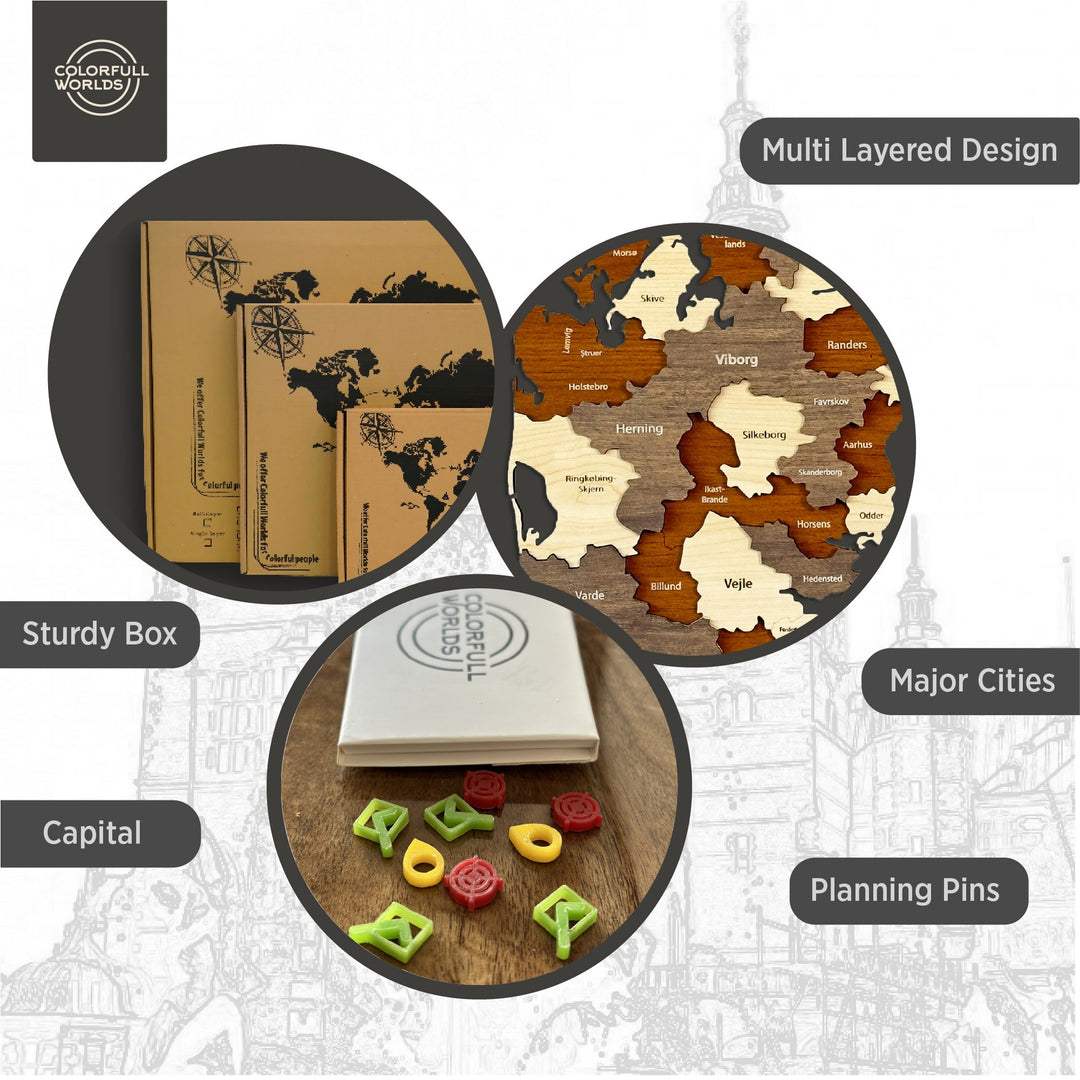 Features of the wooden Denmark map: multi-layered design, sturdy box, capital, major cities and planning pins
