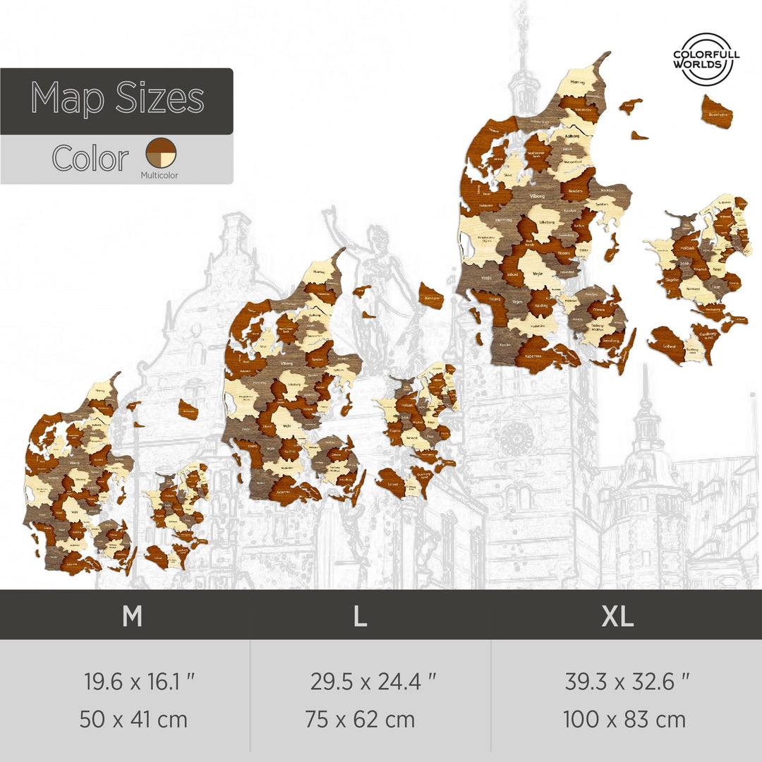 Size chart for the wooden Denmark map: M 19.6 x 16.1 in, L 29.5 x 24.4 in and XL 39.3 x 32.6 in (50x41, 75x62, 100x83 cm)