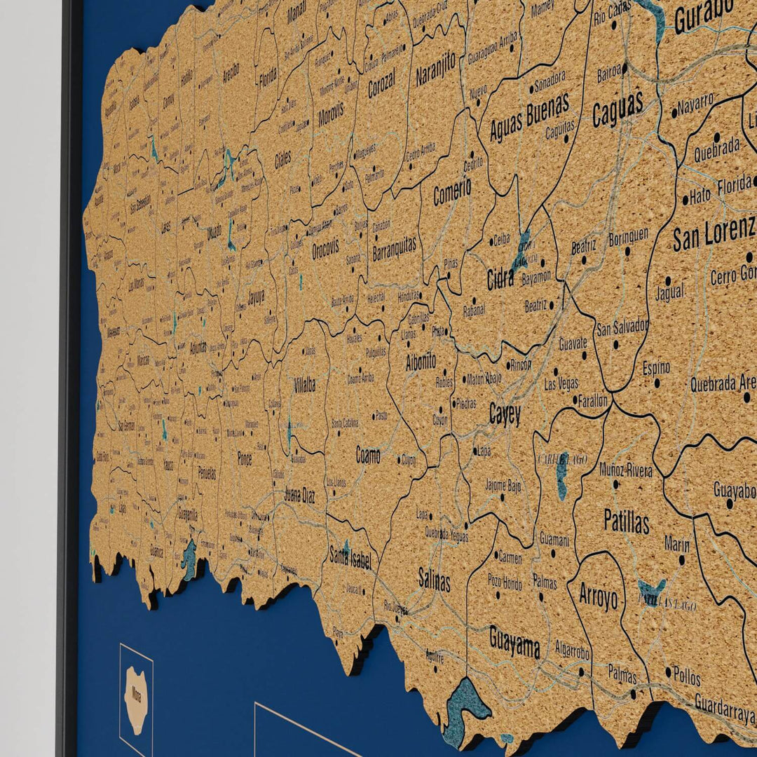 Framed Puerto Rico Cork Wall Map Decor