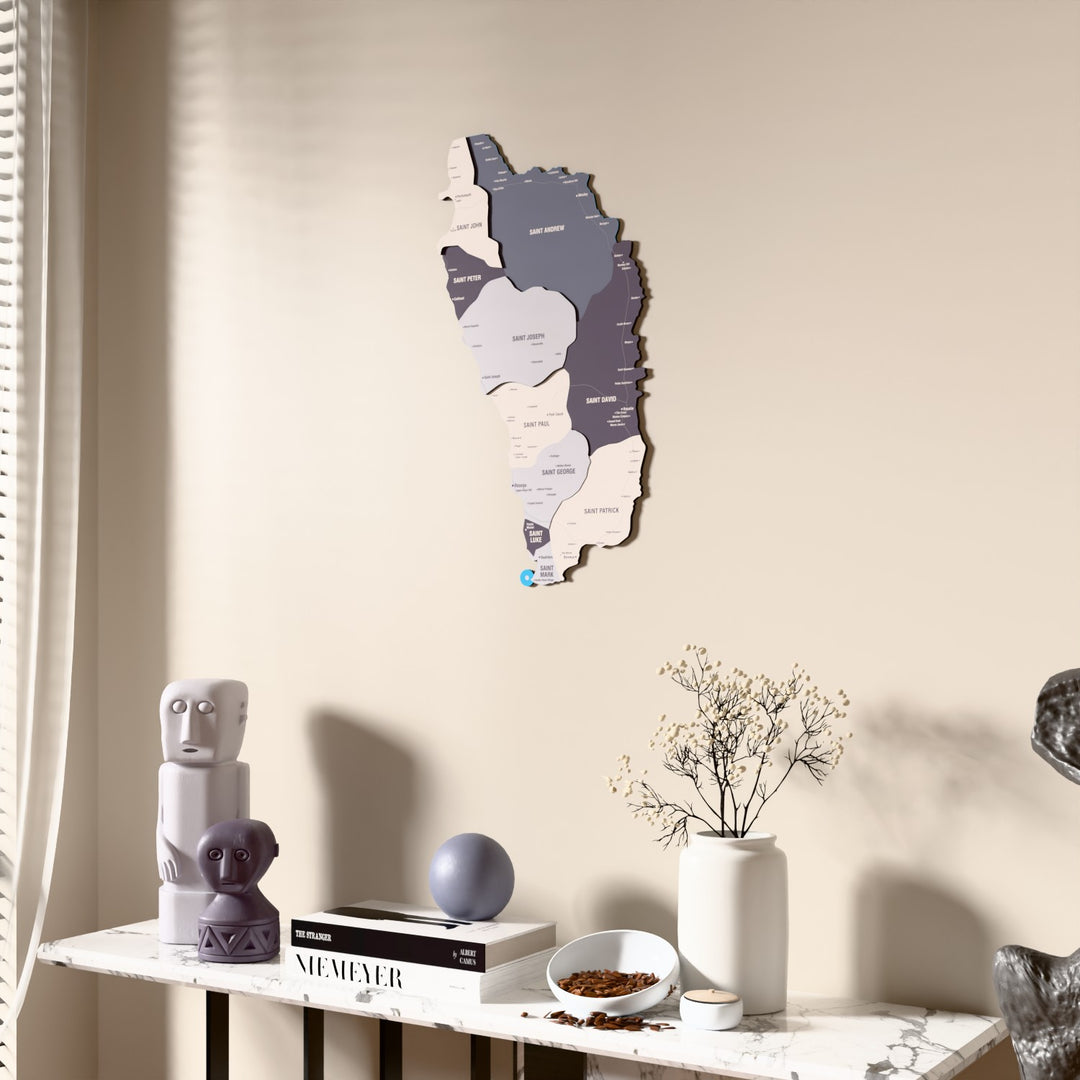 Nimbus Dominica wooden wall map beside a sheer curtain, angled view