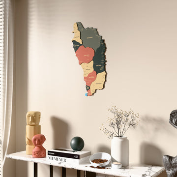 Sage Dominica wooden wall map beside a sheer curtain, angled view