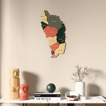 Sage Dominica wooden wall map above a marble console, front view