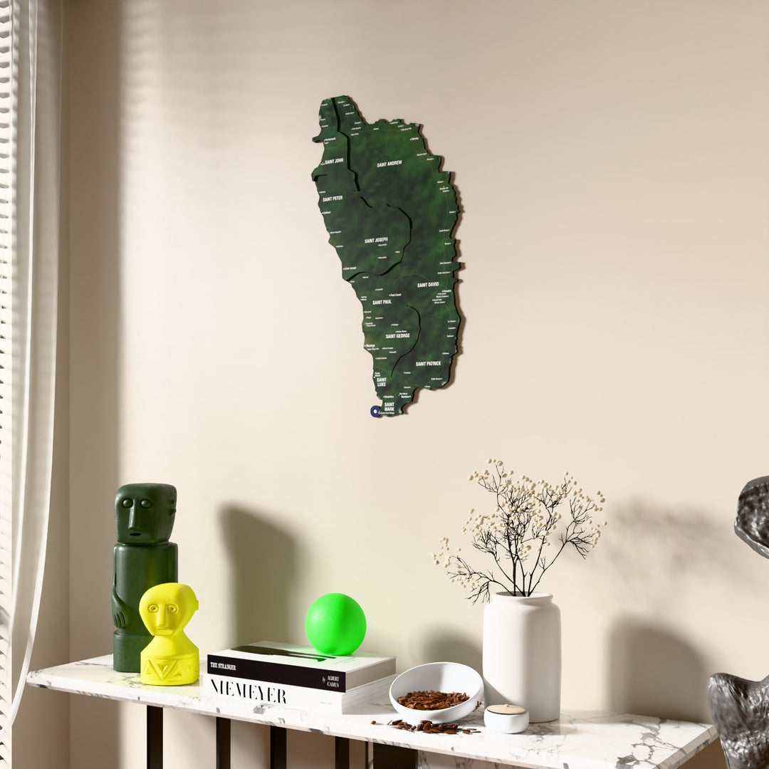Satellite Dominica wooden wall map beside a sheer curtain, angled view