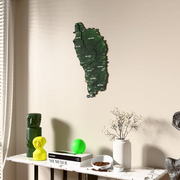 Satellite Dominica wooden wall map beside a sheer curtain, angled view