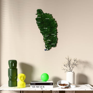Satellite Dominica wooden wall map above a marble console, front view