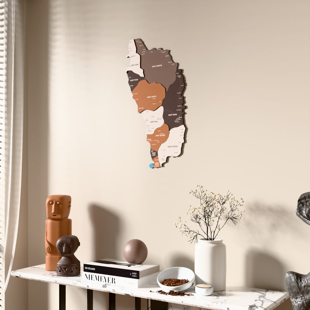 Soil Dominica wooden wall map beside a sheer curtain, angled view