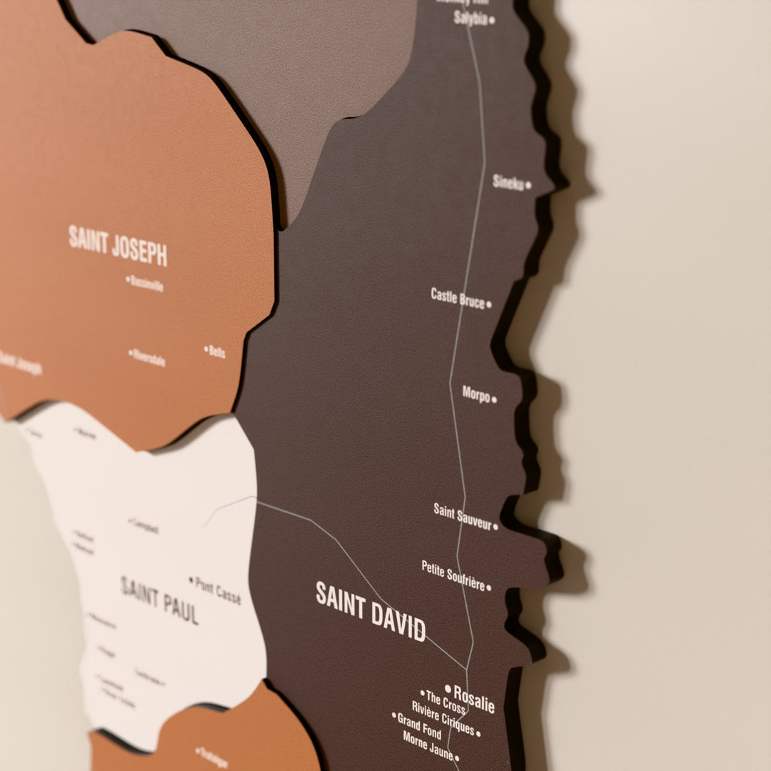 Close-up of the Soil Dominica wooden wall map with layered regions and printed names
