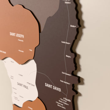 Close-up of the Soil Dominica wooden wall map with layered regions and printed names