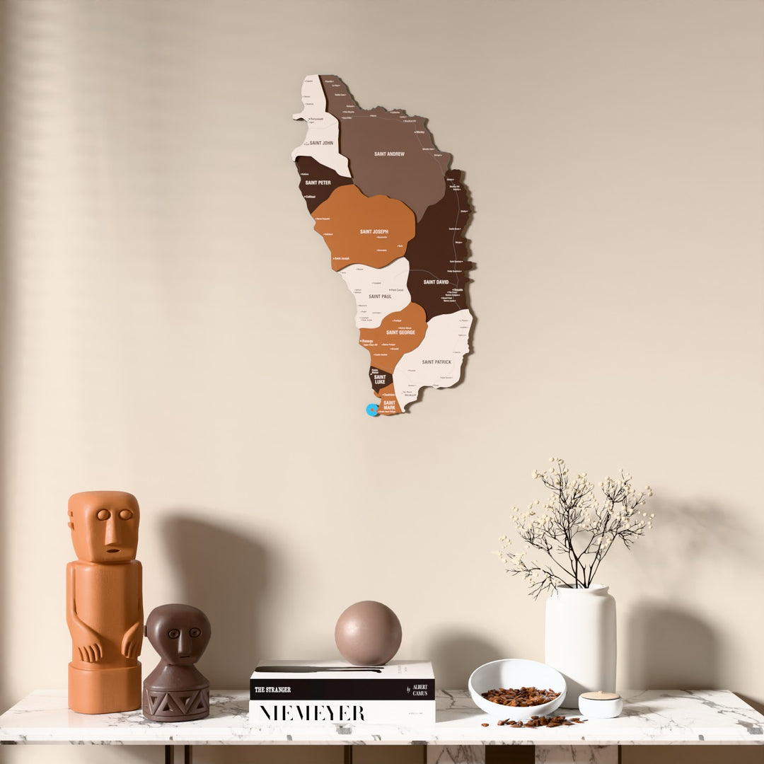 Soil Dominica wooden wall map above a marble console, front view