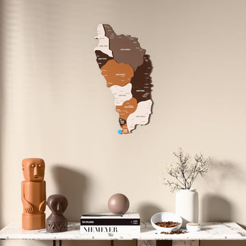 Soil Dominica wooden wall map above a marble console, front view
