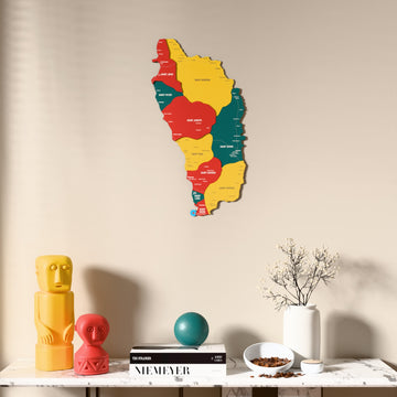 Flag colored Dominica wooden wall map above a marble console, front view