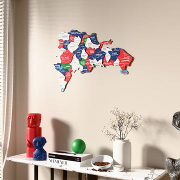 Flag colored Dominican Republic wooden wall map beside a sheer curtain, angled view