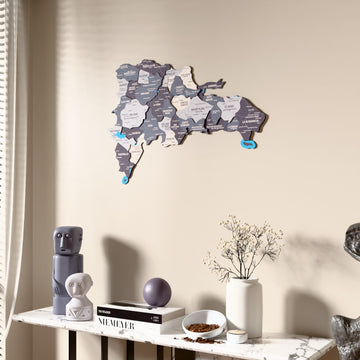 Nimbus Dominican Republic wooden wall map beside a sheer curtain, angled view