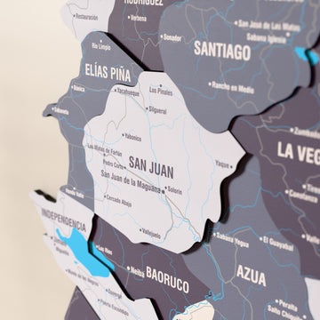 Close-up of the Nimbus Dominican Republic wooden wall map with layered regions and printed names