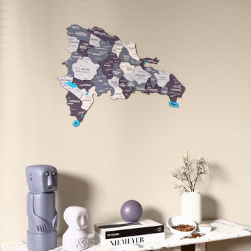Nimbus Dominican Republic wooden wall map on a beige wall above a console with figurines