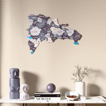 Nimbus Dominican Republic wooden wall map above a marble console, front view